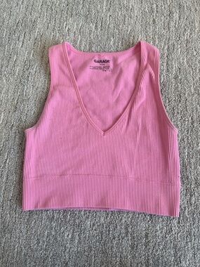 Garage Pink Ribbed V-Neck Cropped Tank